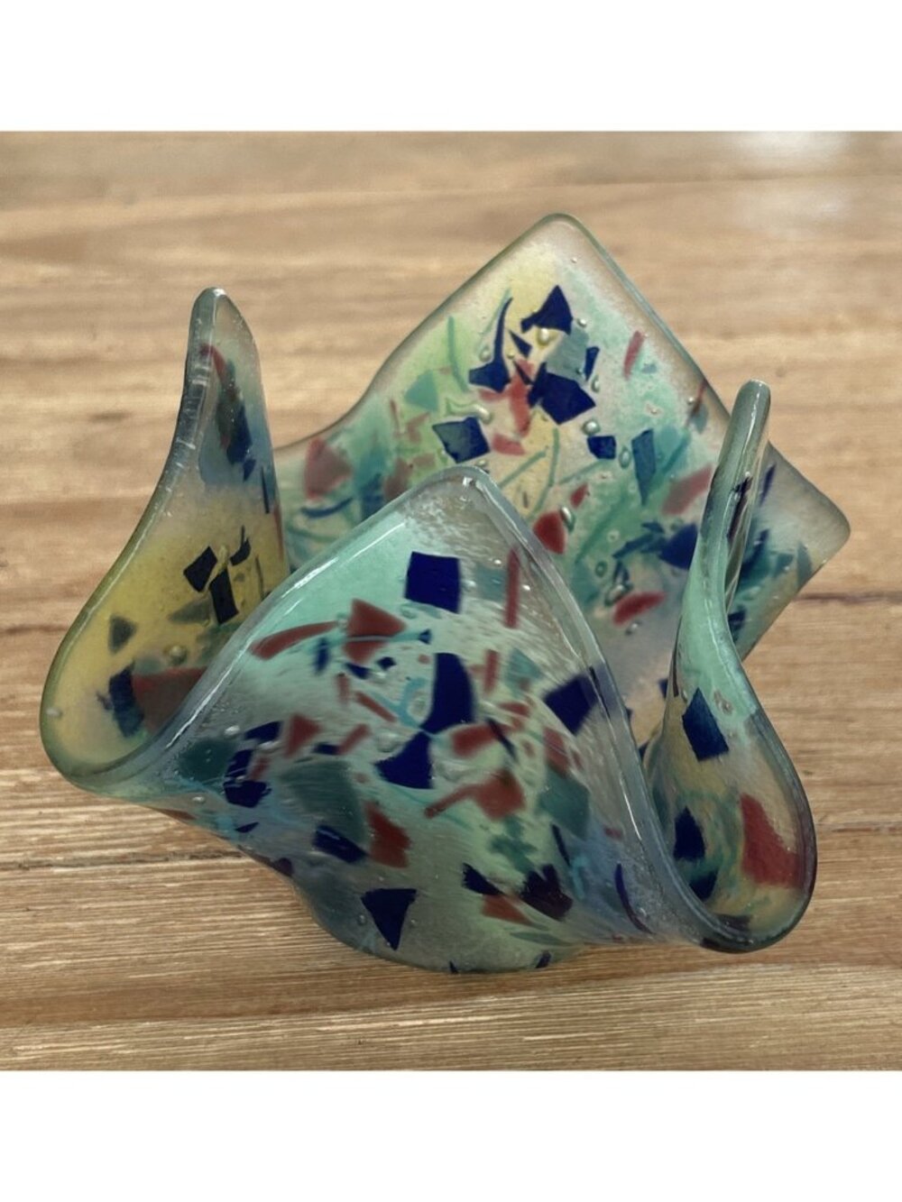 Fused Art Glass Handkerchief Vase Confetti Green Blue Red Confetti 4.5" H